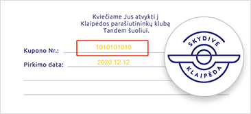 Skydive Klaipėda kupono numerio pavyzdys